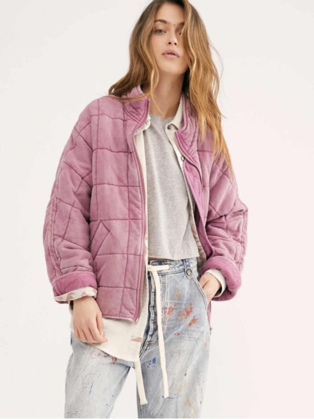 Free People Quilted Corduroy Puffer Jacket in Dusty Rose